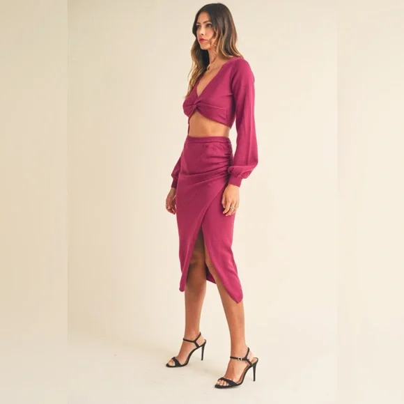 MABLE Front Twisted Knit Top and Midi Skirt Set 10010093340